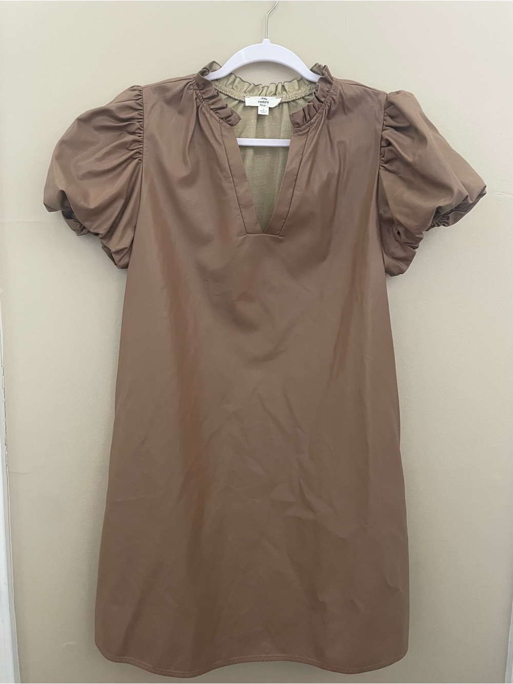 Entro Faux Leather Puff Sleeve Ruffle Neck Shift Mini Dress Camel Taupe Brown S